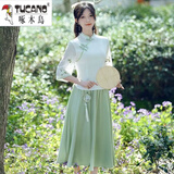 啄木鸟新中式汉元素禅意茶服旗袍两件套改良汉服女文艺国风仙气上衣套装 白色上衣+绿色裙子【两/件套】 L 建议100-110斤