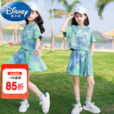 迪士尼（Disney）童装女童套装夏季2024新款中大童女孩夏装扎染纯棉短袖T恤半身裙 绿色（带安全裤） 150 建议身高140-150cm年龄11-12岁