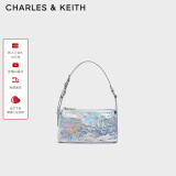 CHARLES&KEITH褶皱油蜡皮斜挎小方包手提包腋下包女士生日礼物CK2-80160183 Prism Silver银色(新色） S