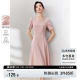 尚都比拉短袖连衣裙女夏季时尚通勤中长款a字裙钉珠收腰显瘦裙子 粉色 M