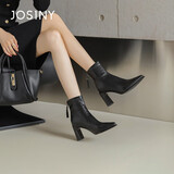 卓诗尼高跟短靴女鞋初秋冬粗跟尖头弹力瘦瘦靴子加绒黑色 黑色 39