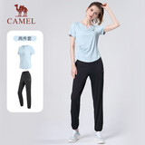 骆驼（CAMEL）户外晨跑运动服女休闲短袖两件套装 Y23BA0L6059 水波蓝/黑 M