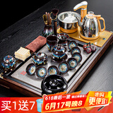 瓷牌茗茶具功夫茶具茶盘实木家用整套四合一电热炉茶台茶托盘排水式仿乌金石 招财进宝变色4合1全自动+沙金釉