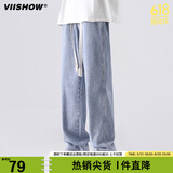 viishow新款潮牌休闲牛仔裤男士潮牌ins百搭直筒宽松阔腿长裤 磨白蓝 L