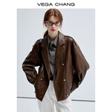 VEGA CHANG春秋季皮衣外套女2025年新款复古旷野美拉德外套 机车棕 S