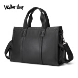 Walker Shop 男包商务公文包【优质牛皮】通勤斜挎包大容量出差电脑包手提包 黑色加大号【有侧袋】放17寸电脑 16英寸