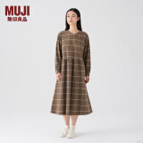 无印良品（MUJI）女式 法兰绒抽褶连衣裙 美拉德纯棉起毛宽松长裙子秋冬 BC08CC3A 褪色米色格纹 S 155/80A