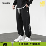 viishow新款休闲潮牌长裤腰果花拼接潮流侧边排扣印花嘻哈校园休闲束脚裤 黑色 2XL