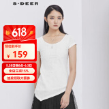 S.DEER圣迪奥女装夏素雅简约镂空绣花斜摆短袖内搭白色T恤S192A0197 白色/90 S/160