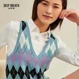深呼吸DEEP BREATH女装V领格纹拼色造型纯棉针织衫马甲A300360 蓝紫菱格 S (2)