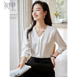 初申春秋长袖衬衫女时尚设计感气质V领雪纺衬衣上衣S141C2092