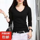 V领长袖t恤女2025新款韩版百搭显瘦上衣纯色打底衫小个子打底衫 炫长袖V领T恤黑色 XL