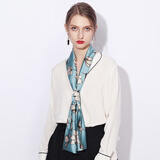 达芬奇密码 春夏装饰丝巾细窄长条缎面小领巾女印花长丝带百搭生日礼物实用 风华杏语 蓝色