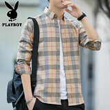 花花公子（PLAYBOY）衬衫男长袖2025秋冬新款潮流宽松格子衬衣男装时尚百搭休闲外套 黄格 XL 175