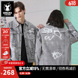 闪电潮牌（GENANX）牛仔外套男春季灰色磨白做旧涂鸦茄克衫街头潮咔纯棉牛仔夹克 灰色 M