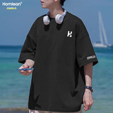 Homlean美式短袖T恤男春夏纯棉圆领透气舒适宽松简约上衣OM2黑色L