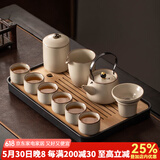 瓷牌茗茶具 汝窑茶具套装茶壶盖碗茶杯整套家用开片功夫茶具办公茶盘小套组 御煌提梁壶六杯10件+茶叶罐茶盘
