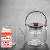 容山堂双内胆玻璃烧水壶蒸汽煮茶器蒸茶器养生壶大号泡茶电陶炉套装木盖 胡桃木平盖提梁蒸煮茶器-竖纹