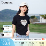 朵以（Duoyi）2025夏季新款美式复古印花T恤修身百搭抽褶收腰小个子短款上衣女 黑色 S