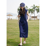 德玛纳【克莱因蓝】夏季美式时髦连帽撞色t恤裙舒适藏肉后开叉女连衣裙