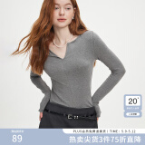 范思蓝恩秋季V领套头百搭长袖针织T恤女秋季2024新款通勤修身针织衫上衣 高级灰 L