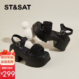 星期六（St&Sat）一字带增高凉鞋女款夏季外穿2025新款百搭厚底配裙子休闲罗马鞋女 黑色 37