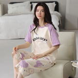 帕美琪睡衣女夏季纯棉短袖圆领甜美宽松家居服青年简约七分裤套装可外穿 7266 XL (170) 120-140斤