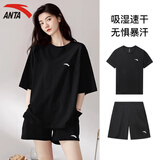 安踏女士运动套装夏季速干休闲短袖女t恤透气跑步羽毛球网球短裤女 基础黑（短袖） +基础黑（短裤） L