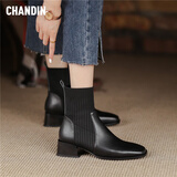 浅町秋冬针织粗跟短靴子女方头中跟弹力靴毛线袜靴短筒黑色瘦瘦靴 黑色 35