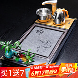 瓷牌茗茶具功夫茶具茶盘实木家用整套四合一电热炉茶台茶托盘排水式仿乌金石 茶花瓶流水器4合1瓷石茶盘全自动
