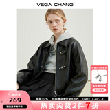 VEGA CHANG机车风皮衣女春秋季2025年韩版bf风一字扣PU皮夹克短外套 黑色 L