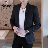 啄木鸟 小西服男新款春秋韩版修身帅气西装格子休闲秋冬加棉单西高端外套上衣 307黑色 XL