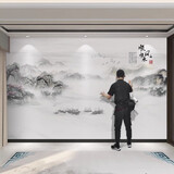 新中式山水电视墙背景墙壁布2026新款装饰墙纸沙发办公室壁画自粘 款式2（尺寸定制） 艺术油画布/平方