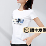幻黛短袖t恤女夏季女装棉白色打底衫品牌纯色女士短袖新款印花白t恤女 白色款-少女花朵 XL 【建议110-120斤】