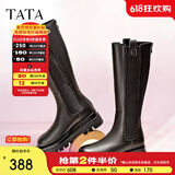他她（TATA）厚底长筒靴女靴英伦加绒保暖骑士靴高筒靴秋冬新WXK02DG3 黑色（绒里） 36