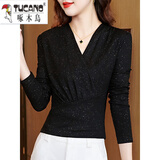 啄木鸟交叉v领打底衫女薄款春秋莫代尔上衣亮丝长袖t恤内搭西装小衫洋气 黑色 L