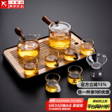 透明玻璃茶具套装家用日式现代简约带内胆过滤泡茶壶茶盘托盘茶杯 直觉壶(六色/把杯)套装_长方(琴韵)密胺/黑