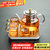 瓷牌茗茶具 玻璃茶具套装家用功夫茶具带过滤内胆泡茶壶茶杯盖碗整套茶具 金盖雅趣壶金色杯5件+小四盘