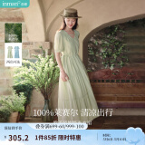茵曼（INMAN）法式薄荷曼波连衣裙2024夏女装新品V领灯笼袖抽绳 水沫绿 M