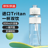 京东京造双饮口运动水壶tritan随行杯加厚防摔户外便携塑料水杯白830ml
