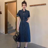 恒源祥天丝牛仔短袖连衣裙女装中长款款宽松休闲直筒裙2025夏季连衣裙子 天丝牛仔蓝 2XL 建议125-140斤