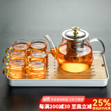 瓷牌茗茶具 玻璃茶具套装家用功夫茶具带过滤内胆泡茶壶茶杯盖碗整套茶具 金盖雅趣壶金色杯7件套+小长方盘