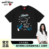 查尔斯桃心 潮牌T恤男女同款 可爱卡通风情侣装宽松打底衫短袖 黑色 L 