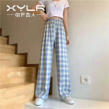 相伊恋人格子休闲裤女25年春秋季新款小个子冰丝宽松阔腿裤显瘦九分裤子 天蓝格 均码 【80-125斤 165CM以下】
