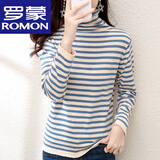 罗蒙（ROMON）100%纯棉高领毛衣女士秋冬条纹堆堆领上衣内搭加厚打底衫百搭女装 高档品牌米兰 L