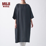 无印良品 MUJI 女式 法国亚麻水洗 七分袖连衣裙 412688 BCL06C1S 深灰色 S