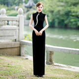 高端黑色金丝绒无袖长款旗袍新款2025新款女形体走秀舞台演出服夏 黑色---无袖 L
