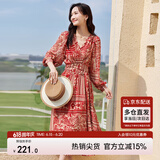 尚都比拉春秋中长款印花红色连衣裙气质女神范显瘦度假裙子 红花 L 