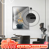 墨派 轻奢餐厅装饰画现代简约带钟表组合挂画饭厅背景墙壁画客厅挂画 金鹿招财 50*70cm晶瓷+直径50cm钟表