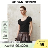 UR2025春季新款女时尚基础纯色修身短款V领短袖T恤UWB450004 黑色 S